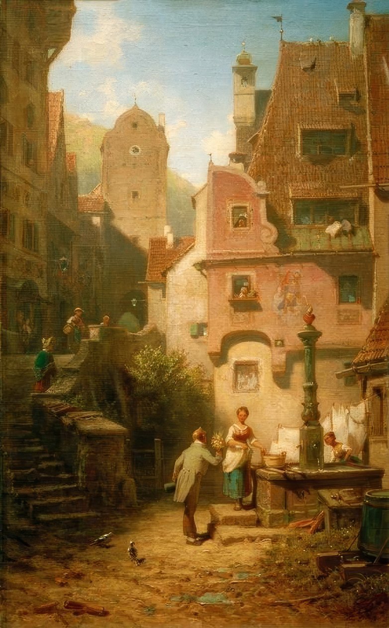 Gratulant überreicht Blumenbouquet (Der ewige Hochzeiter) von Carl Spitzweg