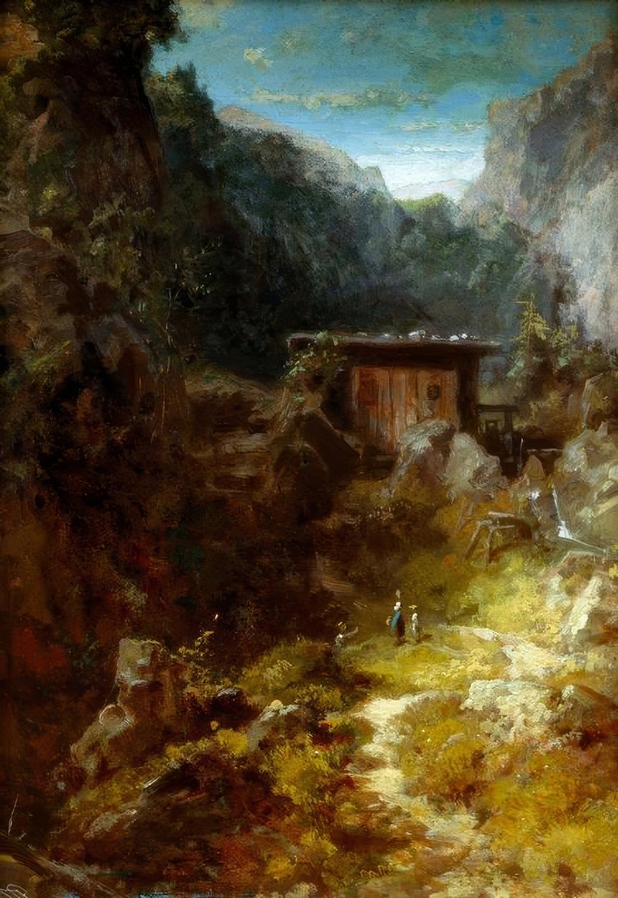 Mühle im Gebirge mit drei Figuren von Carl Spitzweg
