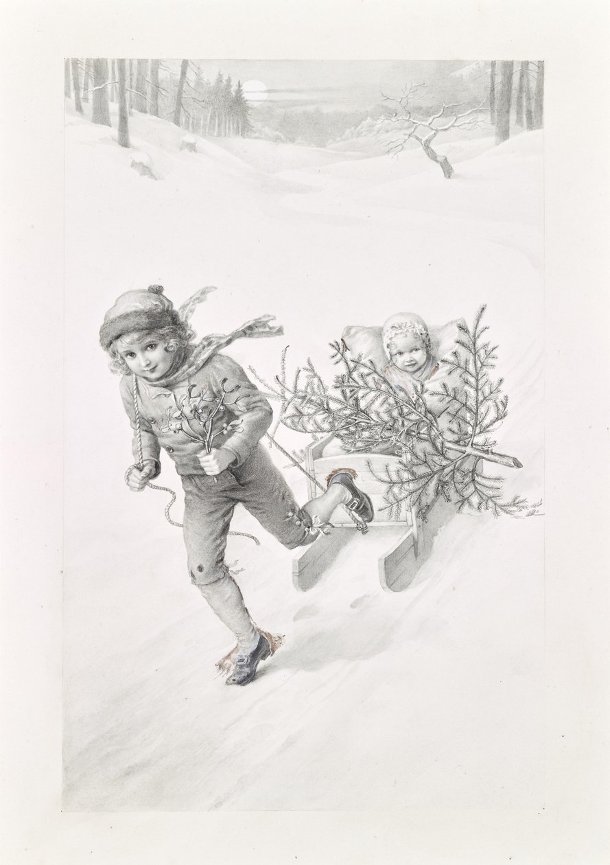 Zwei Kinder, durch Winterlandschaft fahrend von Carl Fröschl
