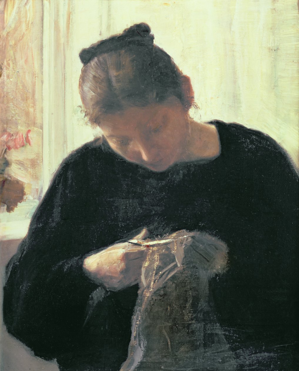 Eine Frau beim Nähen von Carl Holsoe