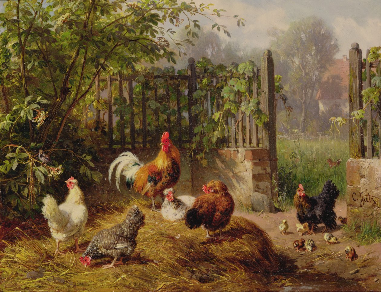 Hahn mit Hennen und Küken von Carl Jutz