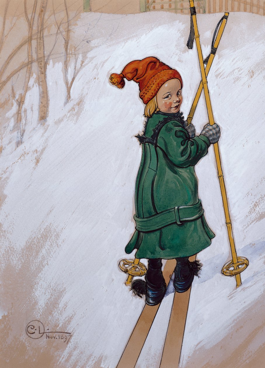 Kleines Mädchen beim Skifahren von Carl Larsson