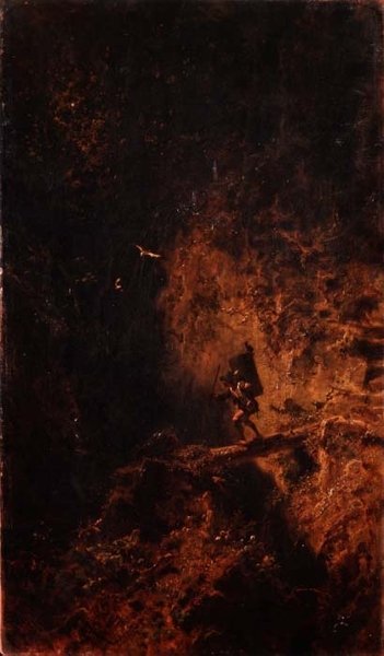 Ein Reisender überquert eine Schlucht von Carl Spitzweg