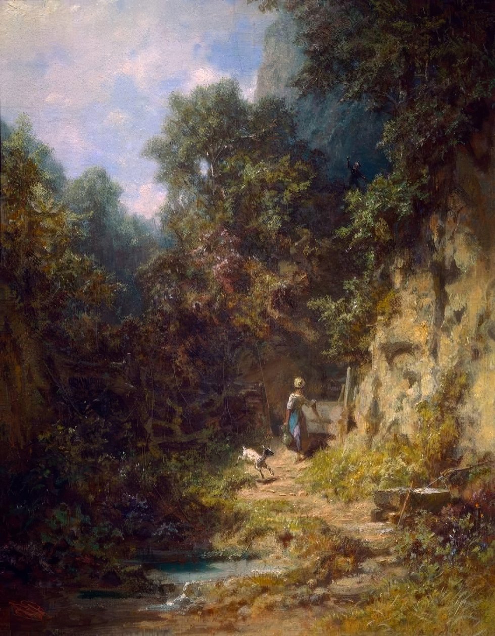Mädchen mit Ziege, dem ein Jägersmann zuwinkt von Carl Spitzweg