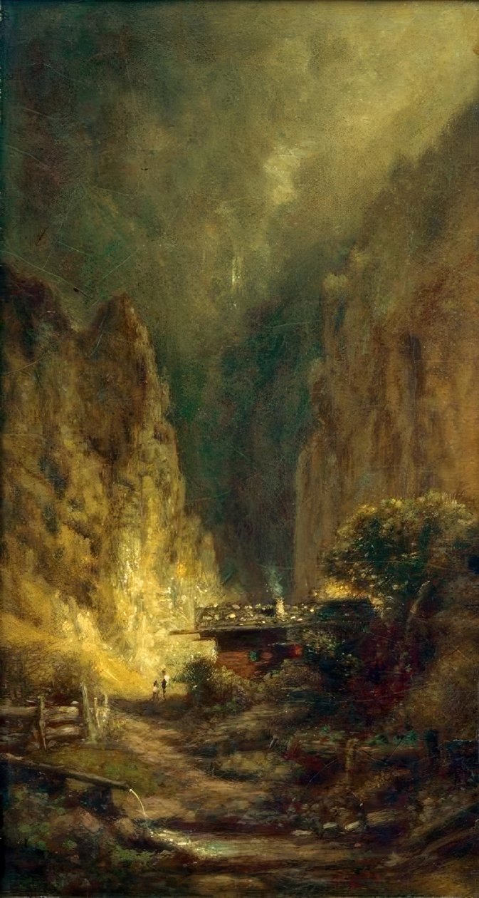 Mühle vor Felsenschlucht mit zwei Figuren von Carl Spitzweg