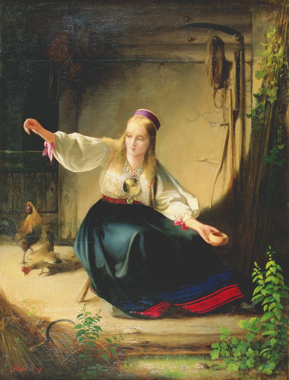 Ein Mädchen füttert Hühner, 1839 von Carl Timoleon von Neff