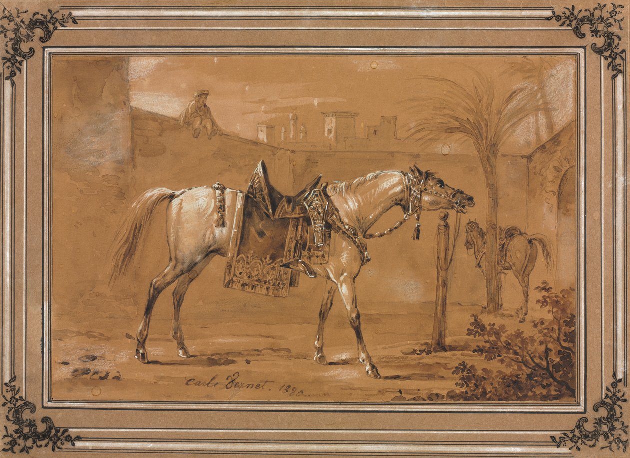Gesatteltes arabisches Pferd im Hof, 1820 von Carle Vernet