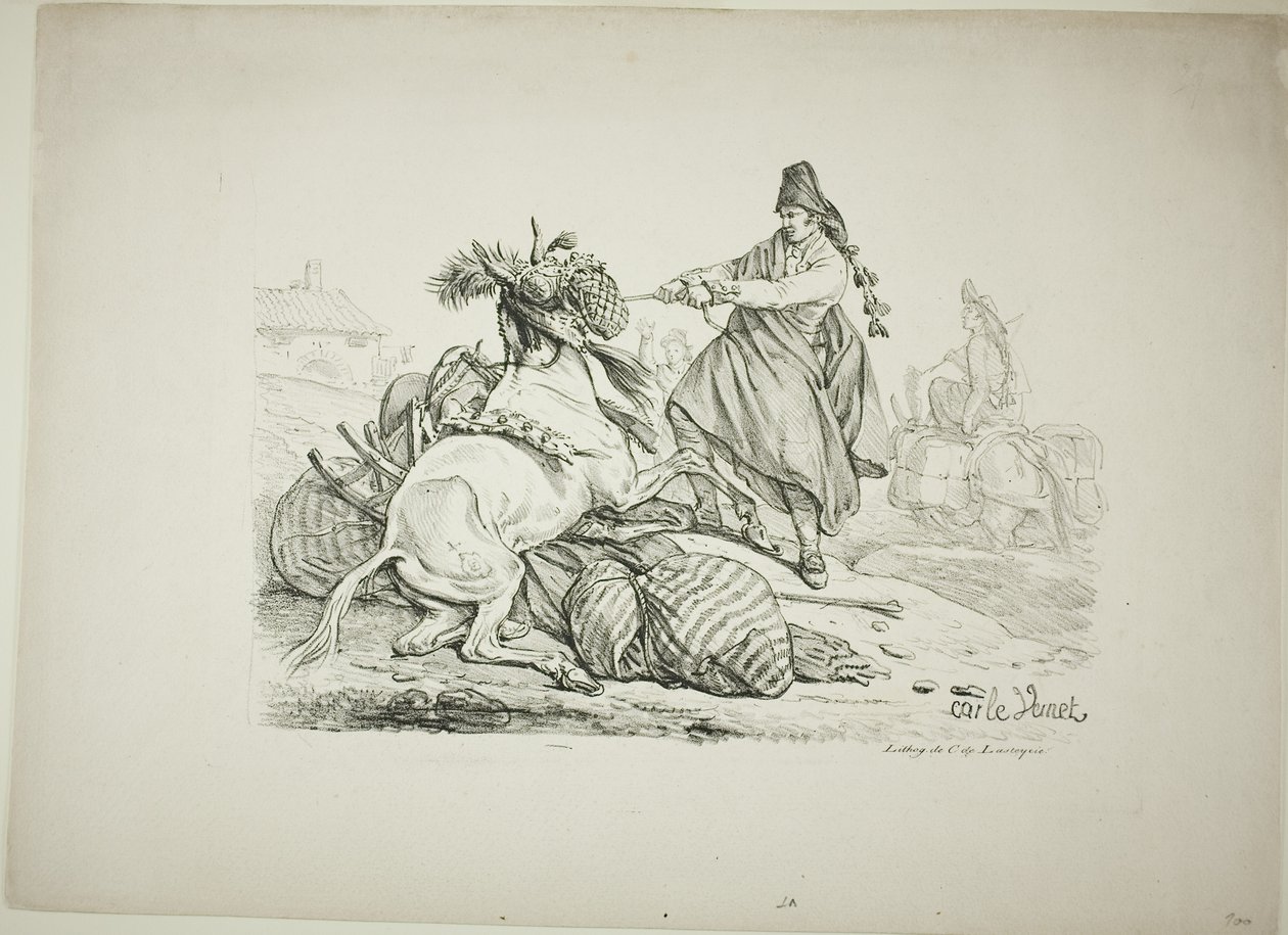 Spanischer Maultiertreiber, der sein Maultier aufrichtet von Carle Vernet