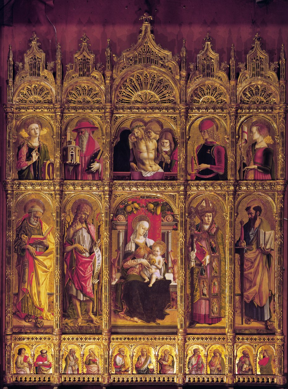 Altarbild des St. Emidio, Polyptychon: Die Pieta und die Jungfrau mit Kind zwischen den Heiligen, ca. 1430-95 von Carlo Crivelli