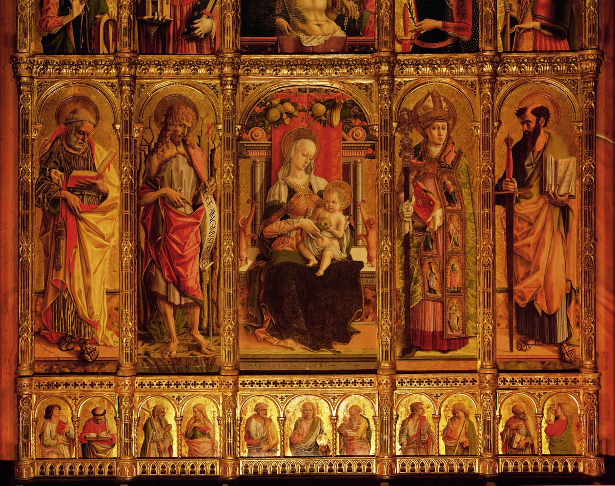 Altarbild von St. Emidio, Polyptychon (Detail) der Jungfrau und der Heiligen Paulus, Johannes der Täufer, Etienne und Paulus von Carlo Crivelli