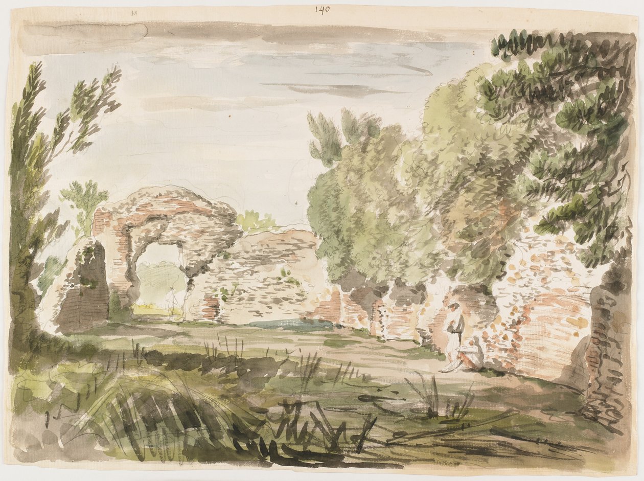 Landschaft mit Bäumen, Ruine und drei Figuren von Carlo Labruzzi