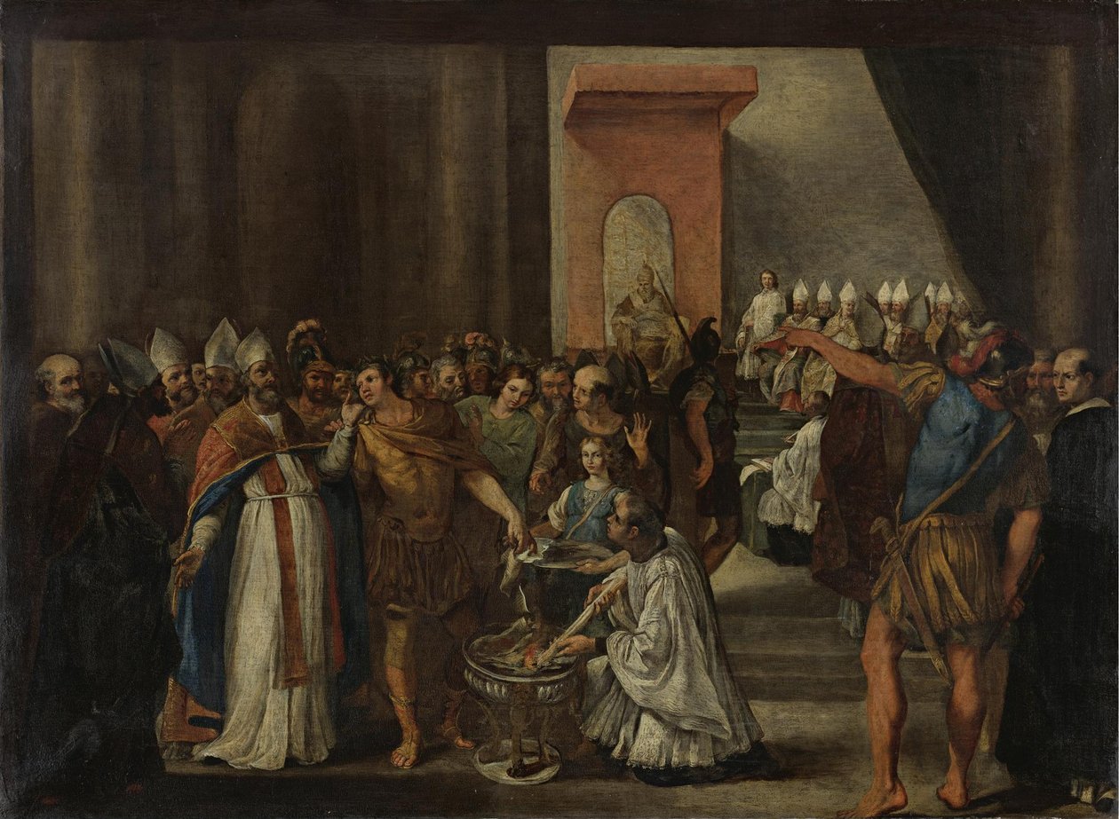 Kaiser Konstantin verbrennt arianische Bücher, 1640er Jahre von Carlo Magnone