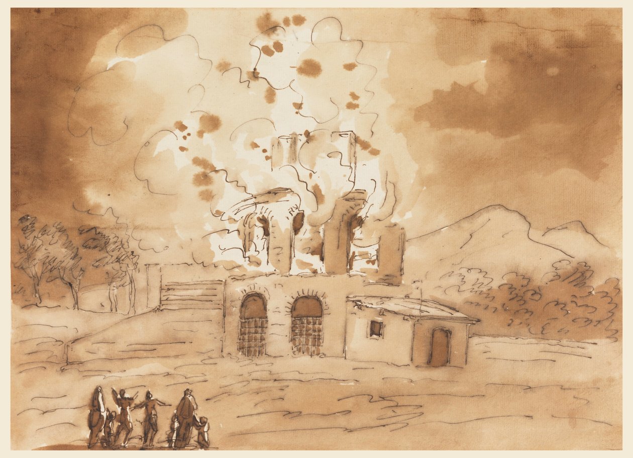 Zeichnung, Landschaft mit einem brennenden Turm von Carlo Marchionni