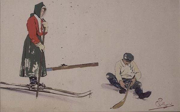 Seine Skier sichern (Farblitho) von Carlo Pellegrini