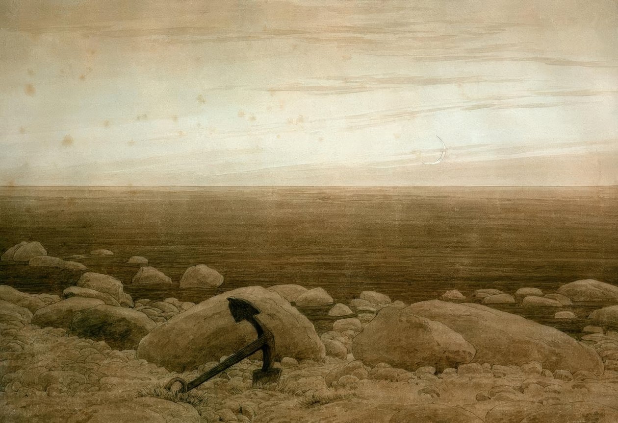 Steiniger Strand mit Anker und Mondsichel von Caspar David Friedrich