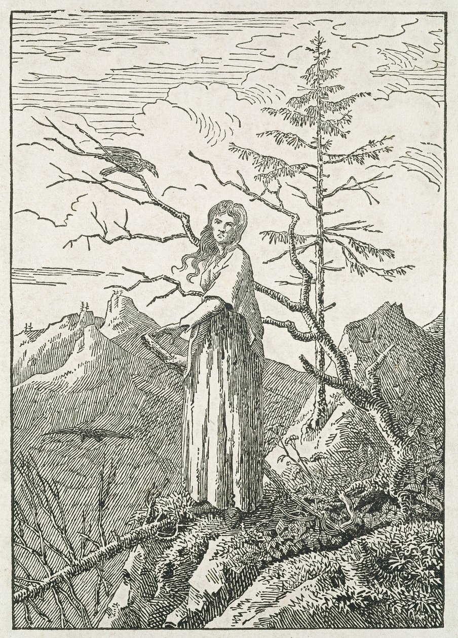 Frau mit einem Raben am Rand eines Abgrunds von Caspar David Friedrich