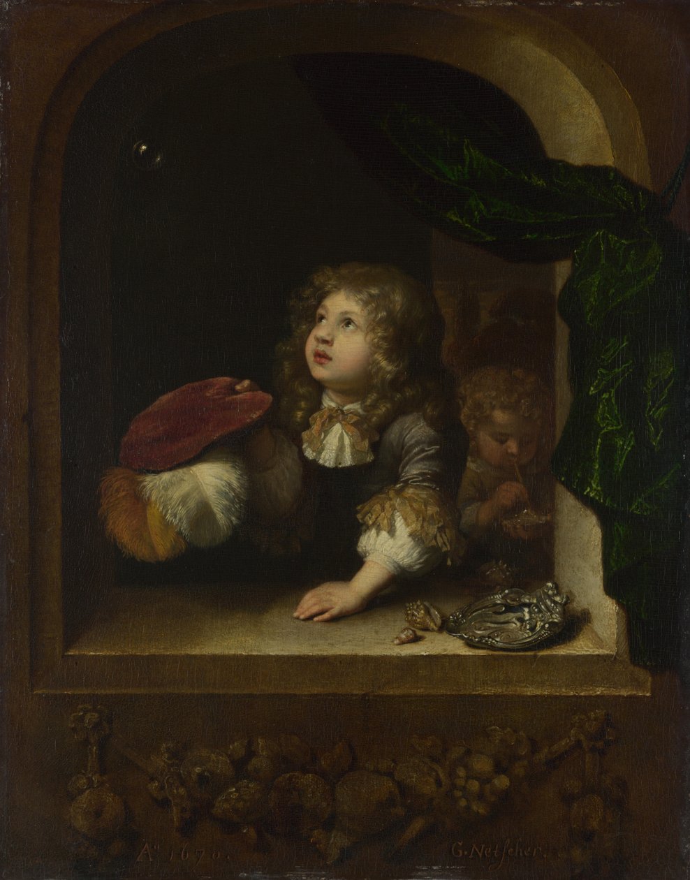 Zwei Jungen, die Seifenblasen machen, ca. 1670 von Caspar Netscher