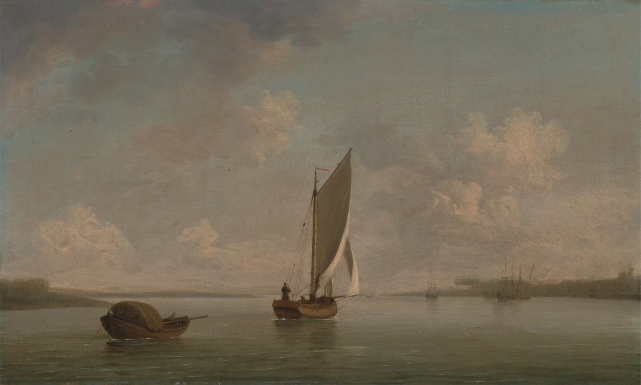 Ein Segelschiff bei leichtem Wind auf einem Fluss von Charles Brooking