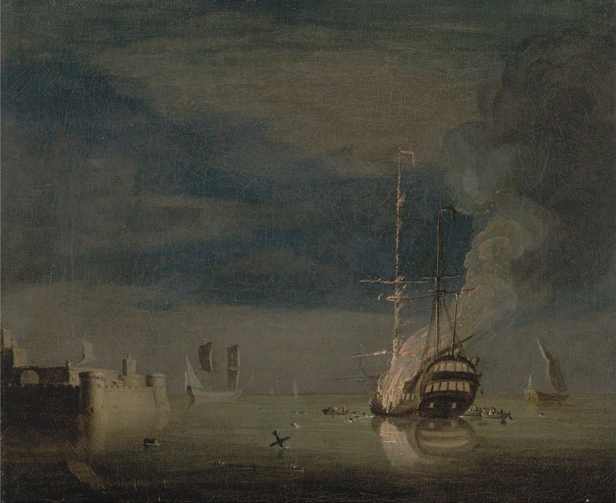 Ein Zweidecker in der Nacht vor einer Festung in Brand von Charles Brooking
