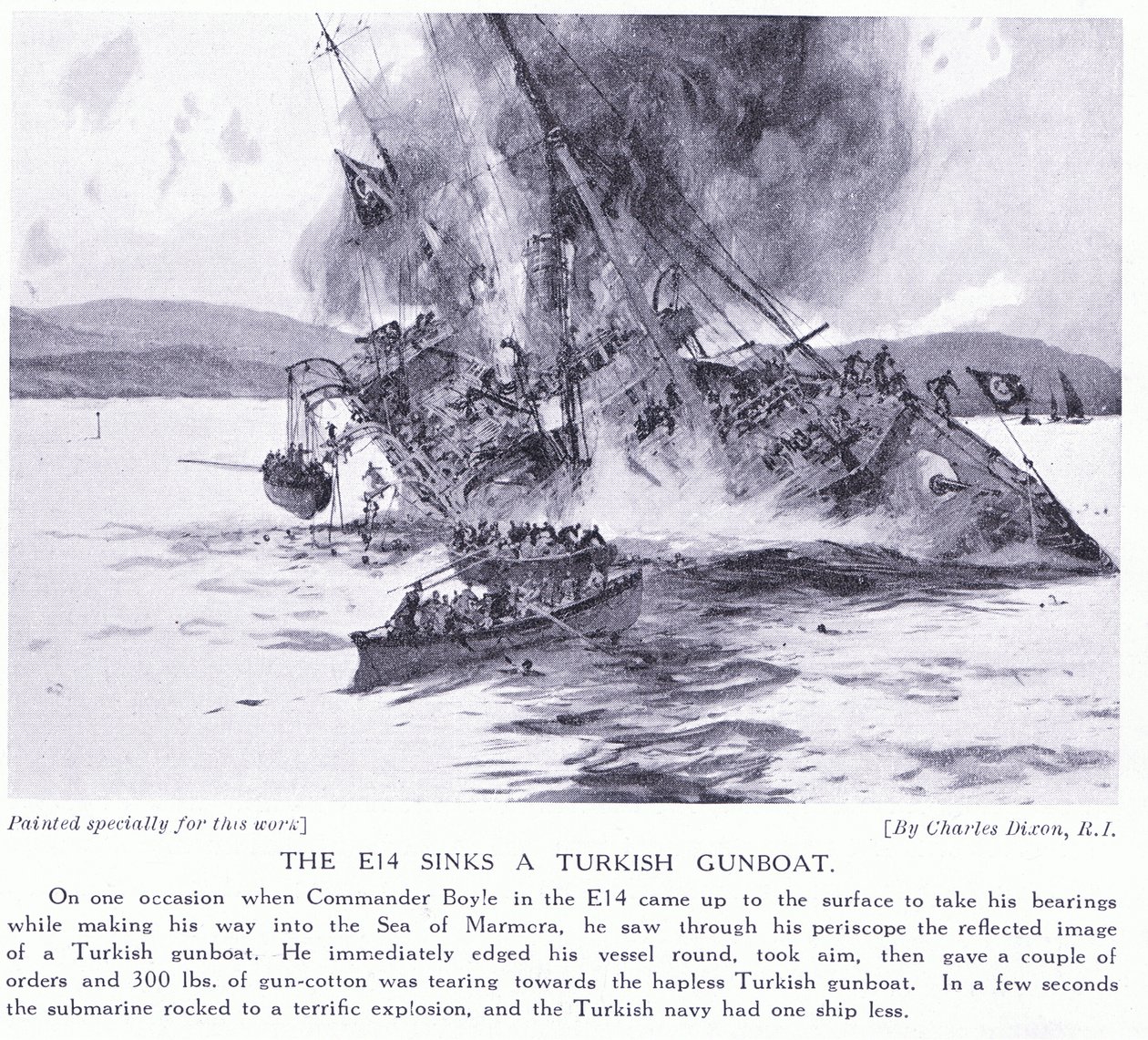 Die E14 versenkt ein türkisches Kanonenboot im Marmarameer 1915 von Charles Edward Dixon
