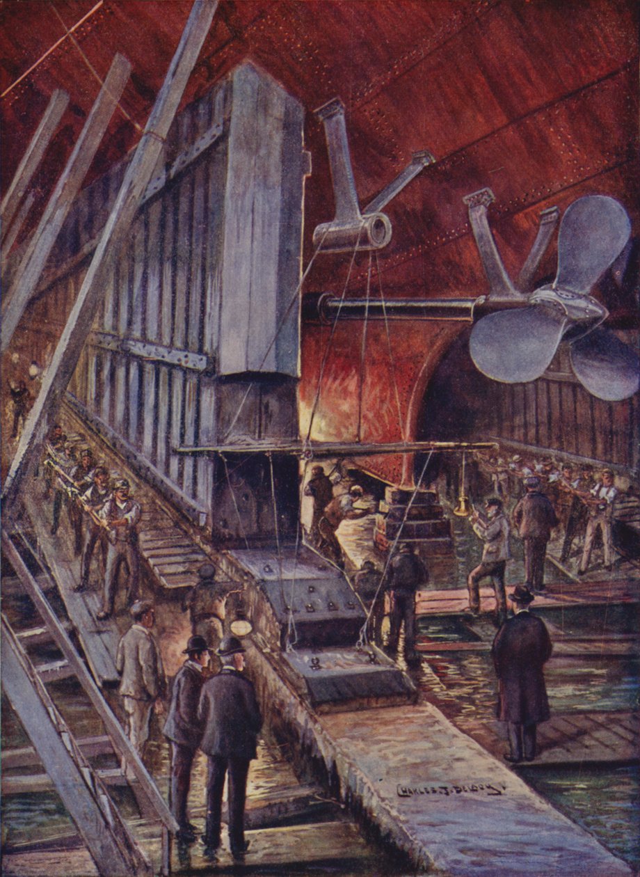 Keile einschlagen, um das Gewicht eines Schiffes von den Kielblöcken auf die Startwiegen zu übertragen von Charles John de after Lacy