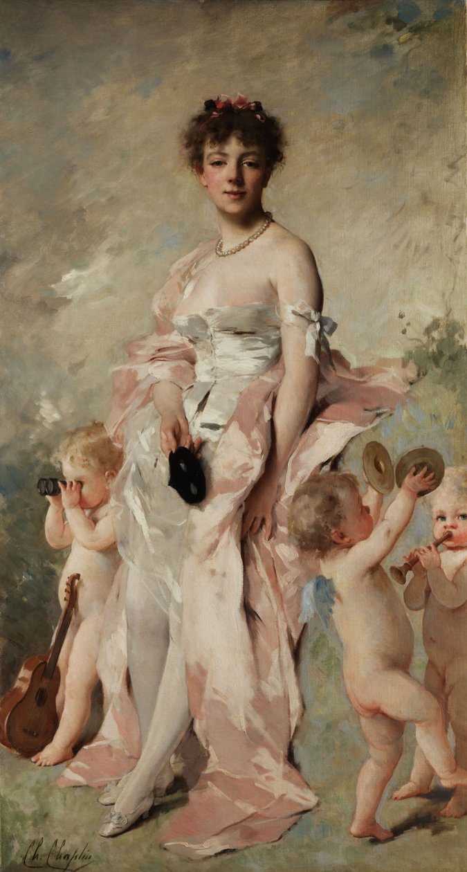 Junge Frau im Ballkleid mit Putti von Charles Joshua Chaplin