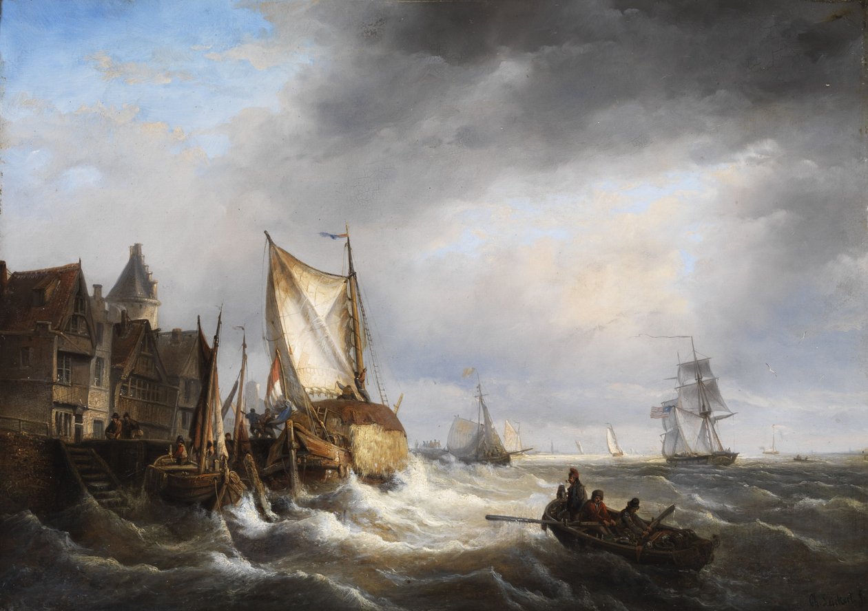 Hafeneinfahrt bei stürmischer See von Charles Henri Joseph Leickert