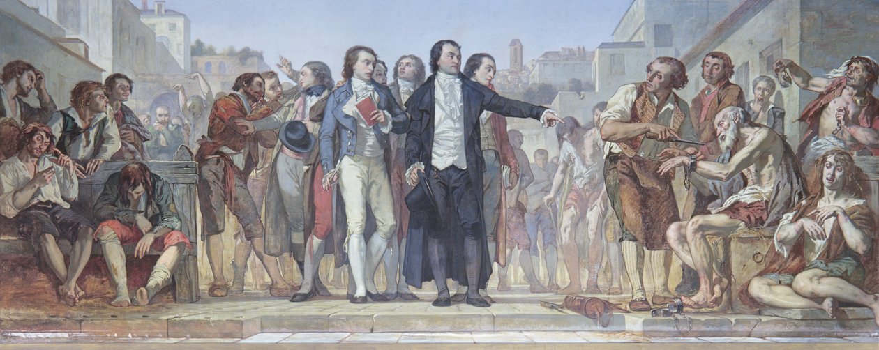 Philippe Pinel (1745-1826) befreit Geisteskranke von ihren Ketten im Bicetre-Asyl in Paris 1793, ca. 1840-50 von Charles Louis Lucien Muller
