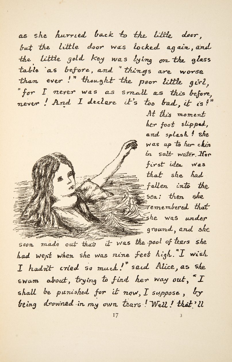 Alice fällt in den Tränensee, Illustration aus Alice unter der Erde, veröffentlicht 1886 von Charles Lutwidge Dodgson
