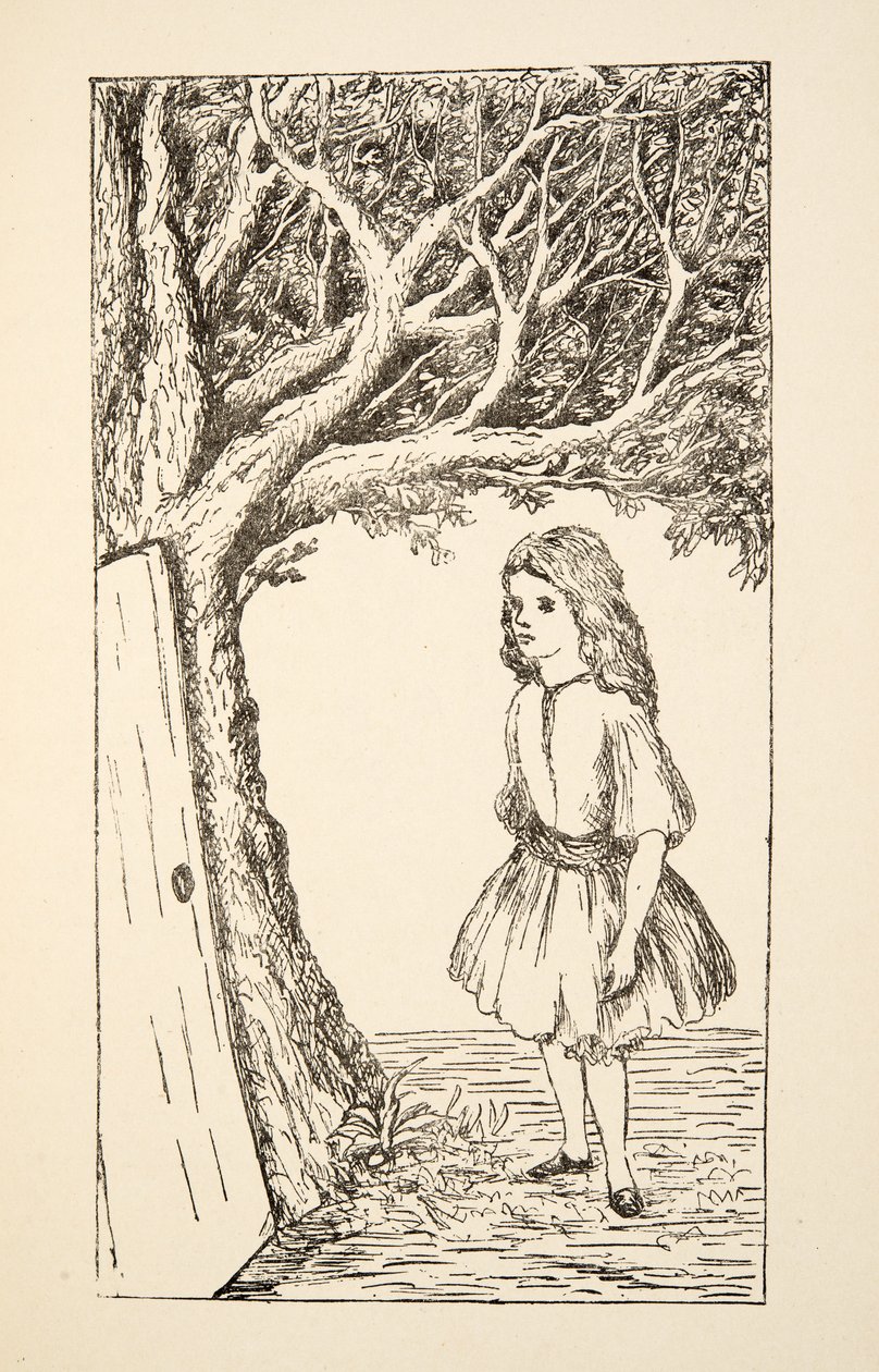 Alice findet eine Tür in den Baum, Illustration aus Alice unter der Erde, veröffentlicht 1886 von Charles Lutwidge Dodgson