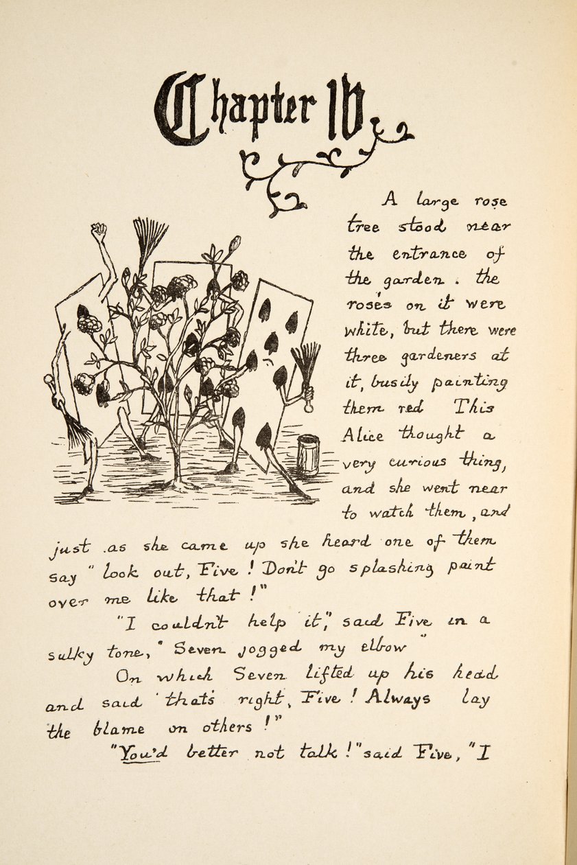 Spielkarten malen die weiße Rose rot, Illustration aus Alice unter der Erde, veröffentlicht 1886 von Charles Lutwidge Dodgson