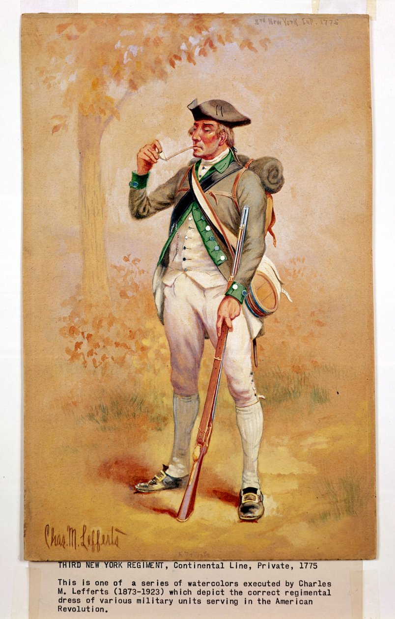Uniform eines Soldaten der Kontinentalarmee im 3. New Yorker Regiment im Jahr 1775, ca. 1920 von Charles MacKubin Lefferts