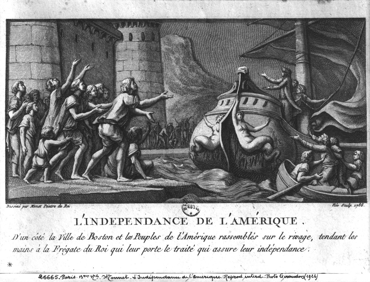 Die amerikanische Unabhängigkeit, eine französische Fregatte bringt den Vertrag nach Boston, graviert von Francois Denis Nee (1732-1817), 1786 von Charles Monnet