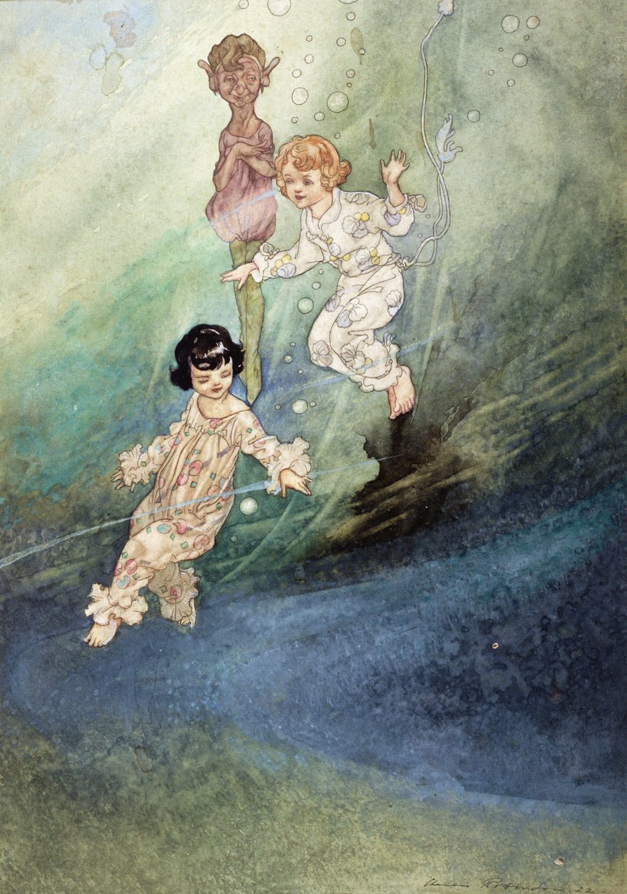 Unbetiteltes Aquarell, Kinder unter Wasser mit einem Elf von Charles Robinson