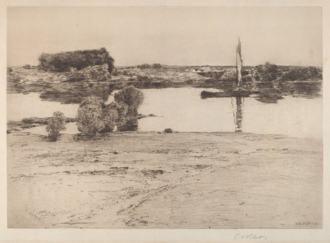 Ohne Titel (Flusslandschaft mit Boot) von Charles A. Platt