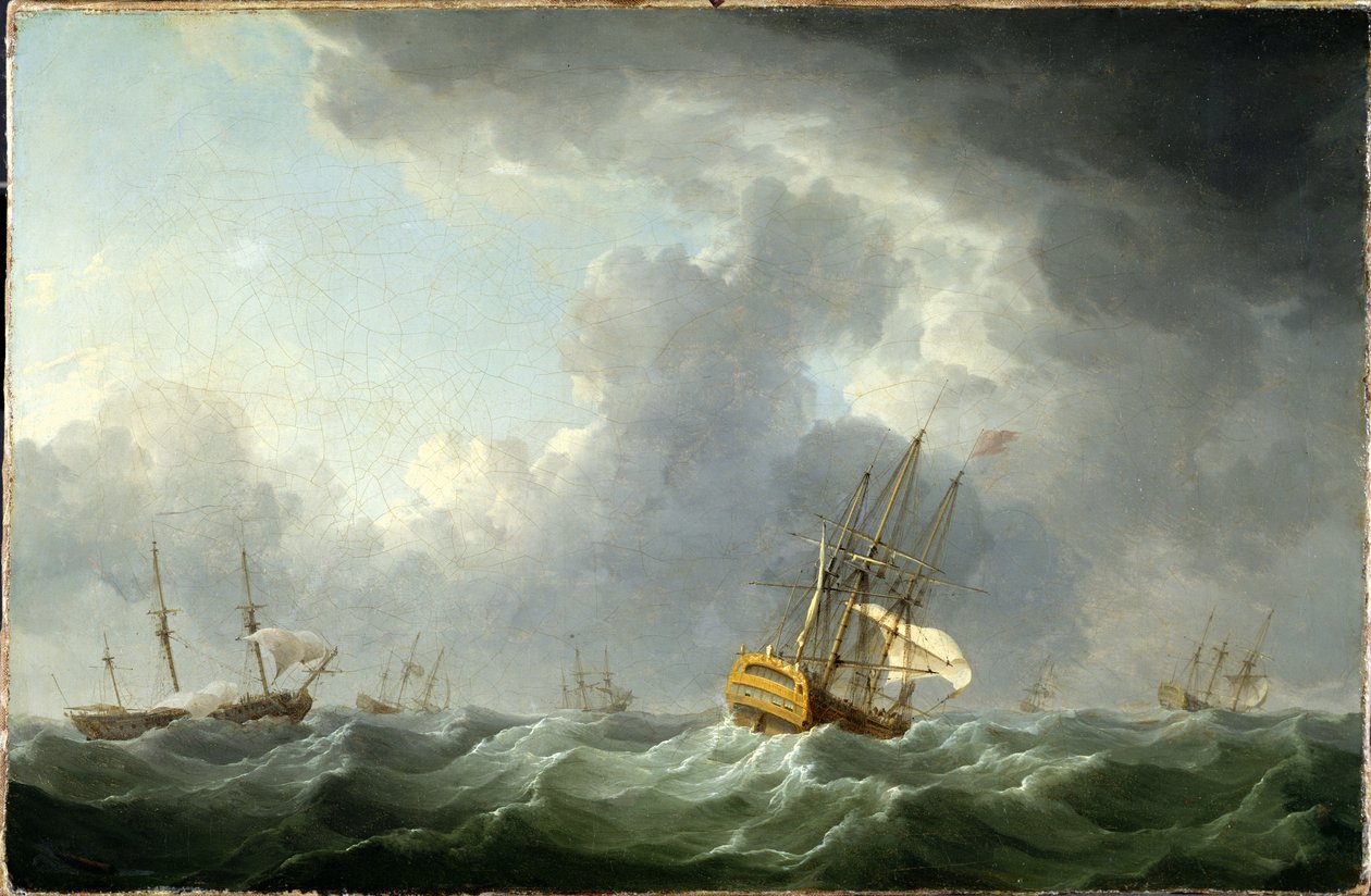 Englische Schiffe vor einem Sturm fliehend von Charles Brooking