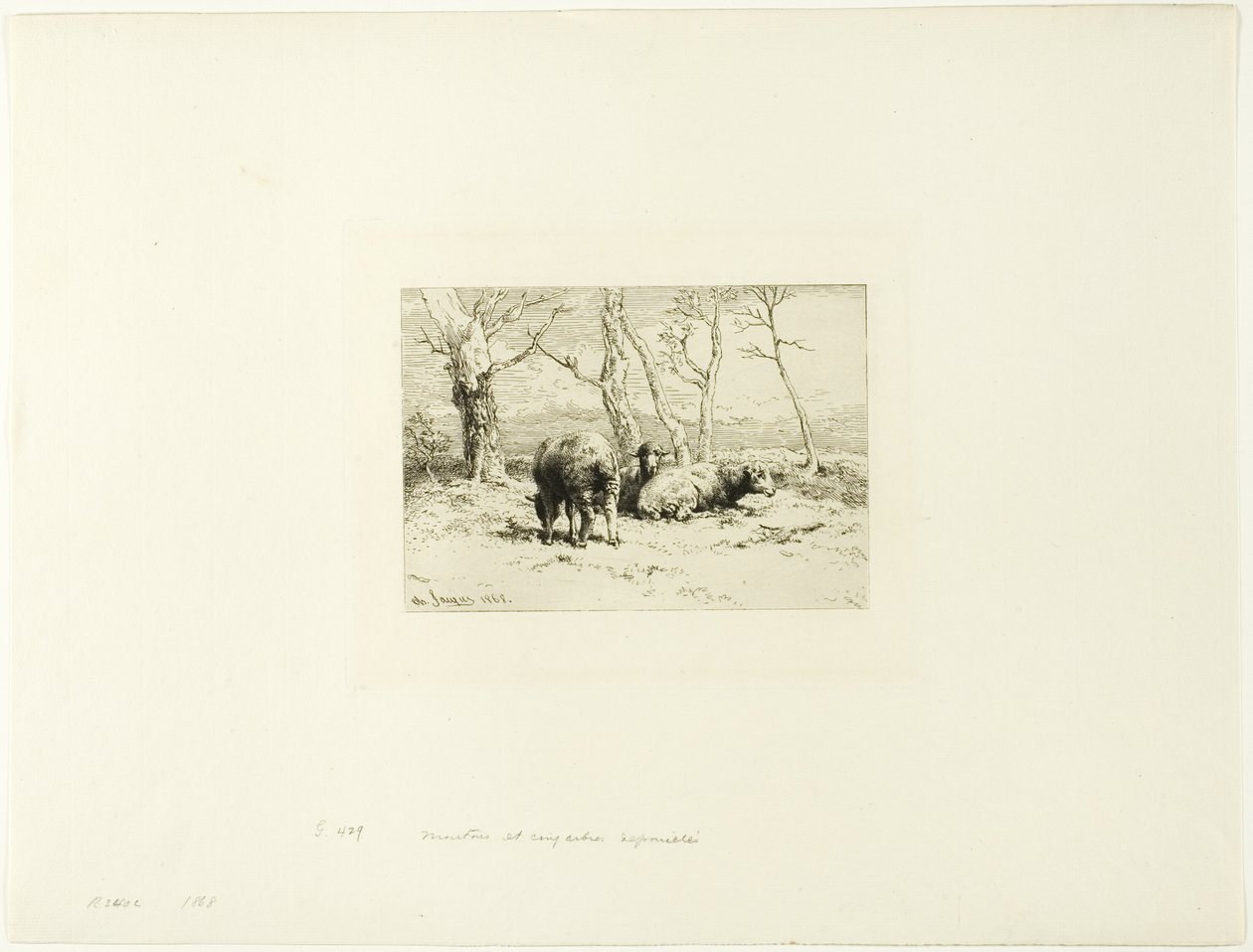 Schafe und fünf Bäume von Charles Emile Jacque