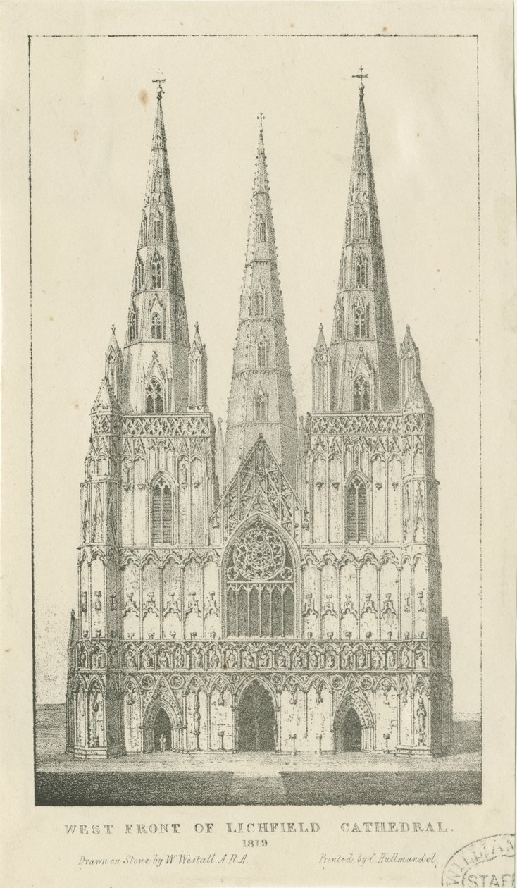 Lichfield Kathedrale - Westfront: Gravur von Charles Joseph Hullmandel