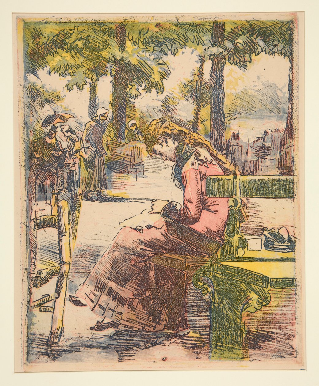 Junges Mädchen auf einer Bank, beim Nähen von Charles Maurin