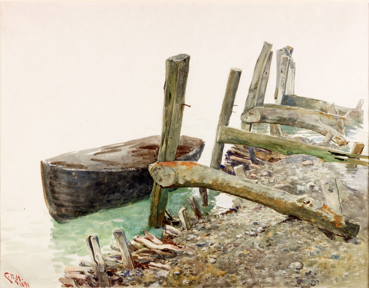 Dinghy nähert sich einem Steg von Charles Napier Hemy