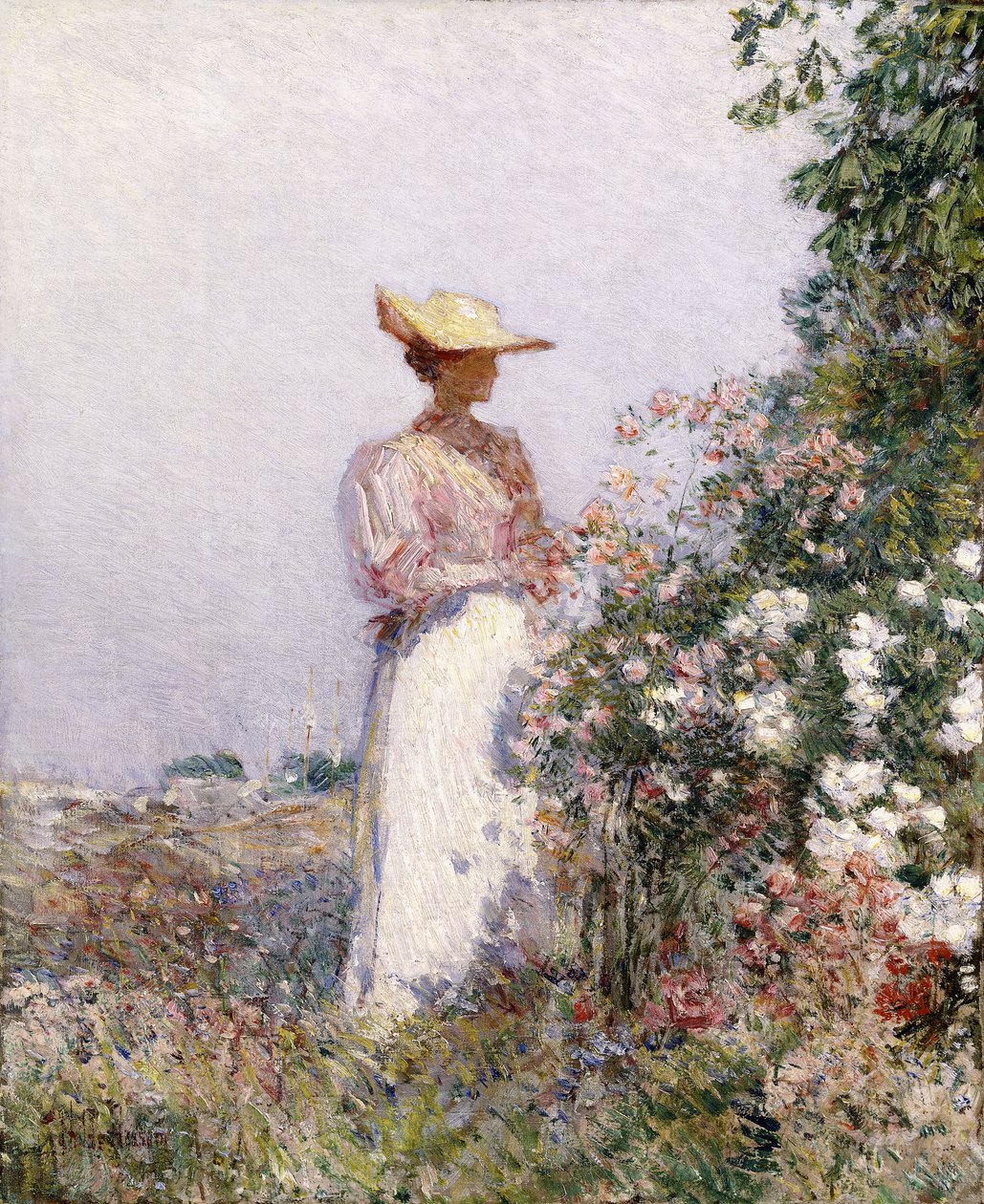 Dame im Blumengarten von Childe Frederick Hassam