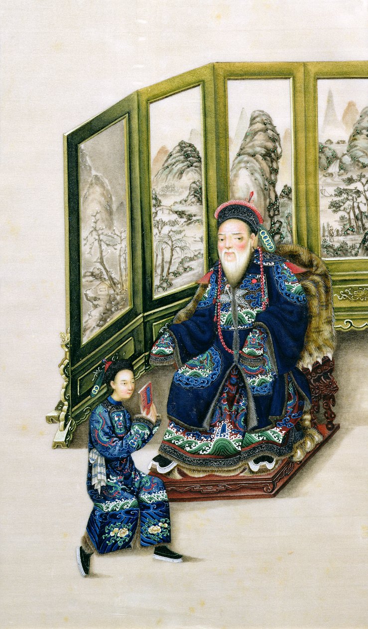 Alter Mann sitzt mit einem Diener, der liest von Chinese School