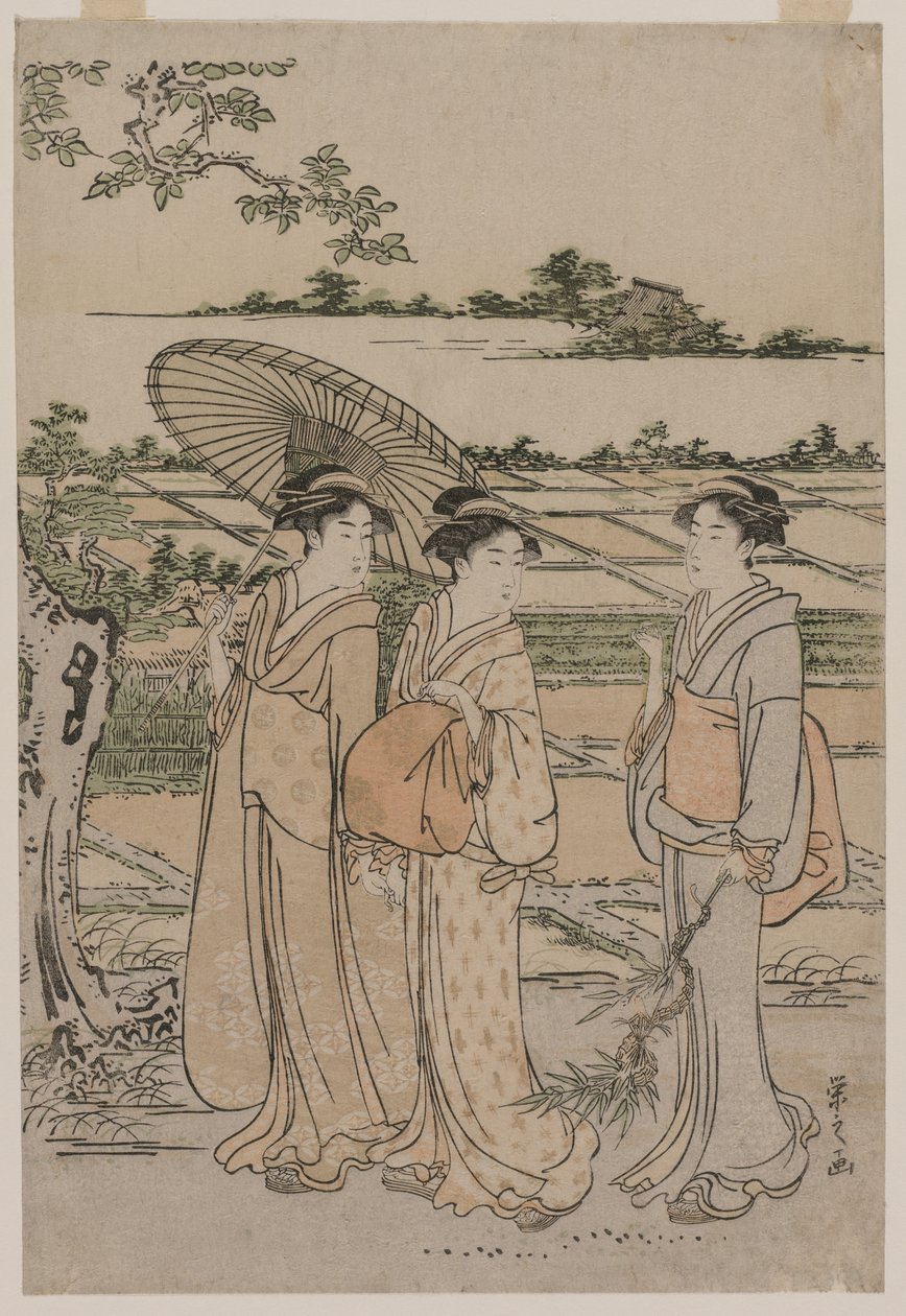 Drei Frauen spazieren auf dem Land von Chobunsai Eishi