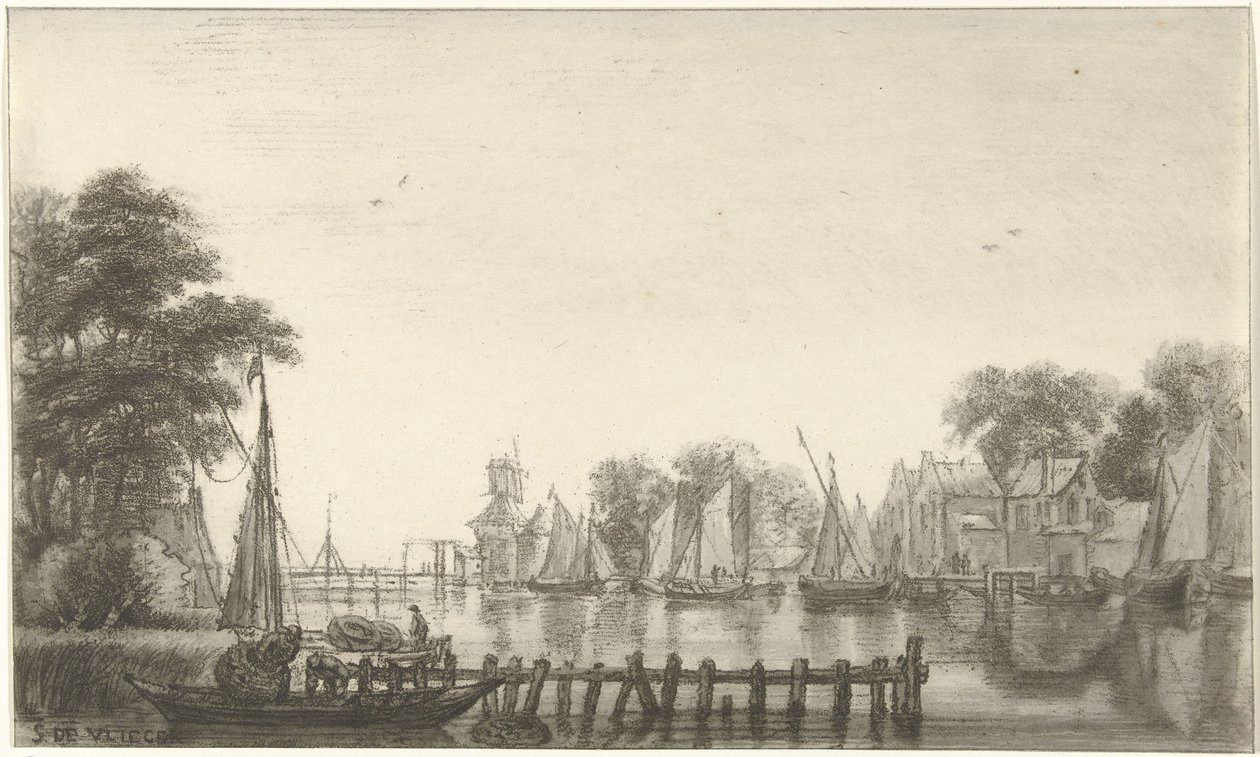 Flusslandschaft mit Segelschiffen von Christiaan Josi