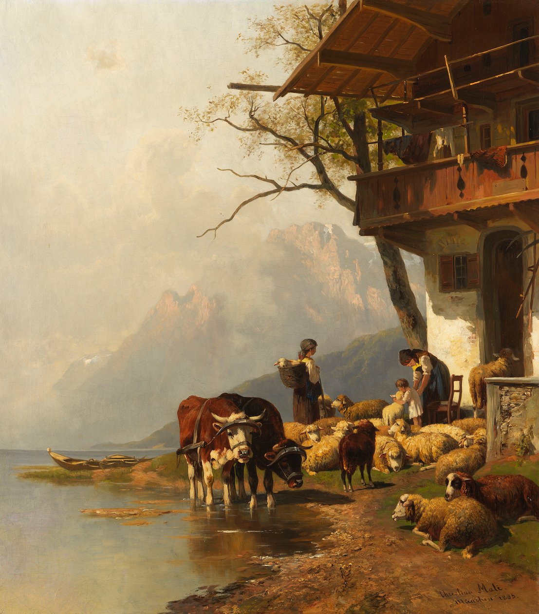 Ruhende Schafsherde vor dem Haus am Bergsee von Christian Mali