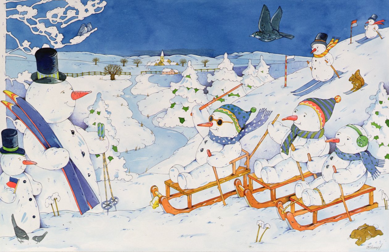 Schneemänner beim Rodeln von Christian Kaempf
