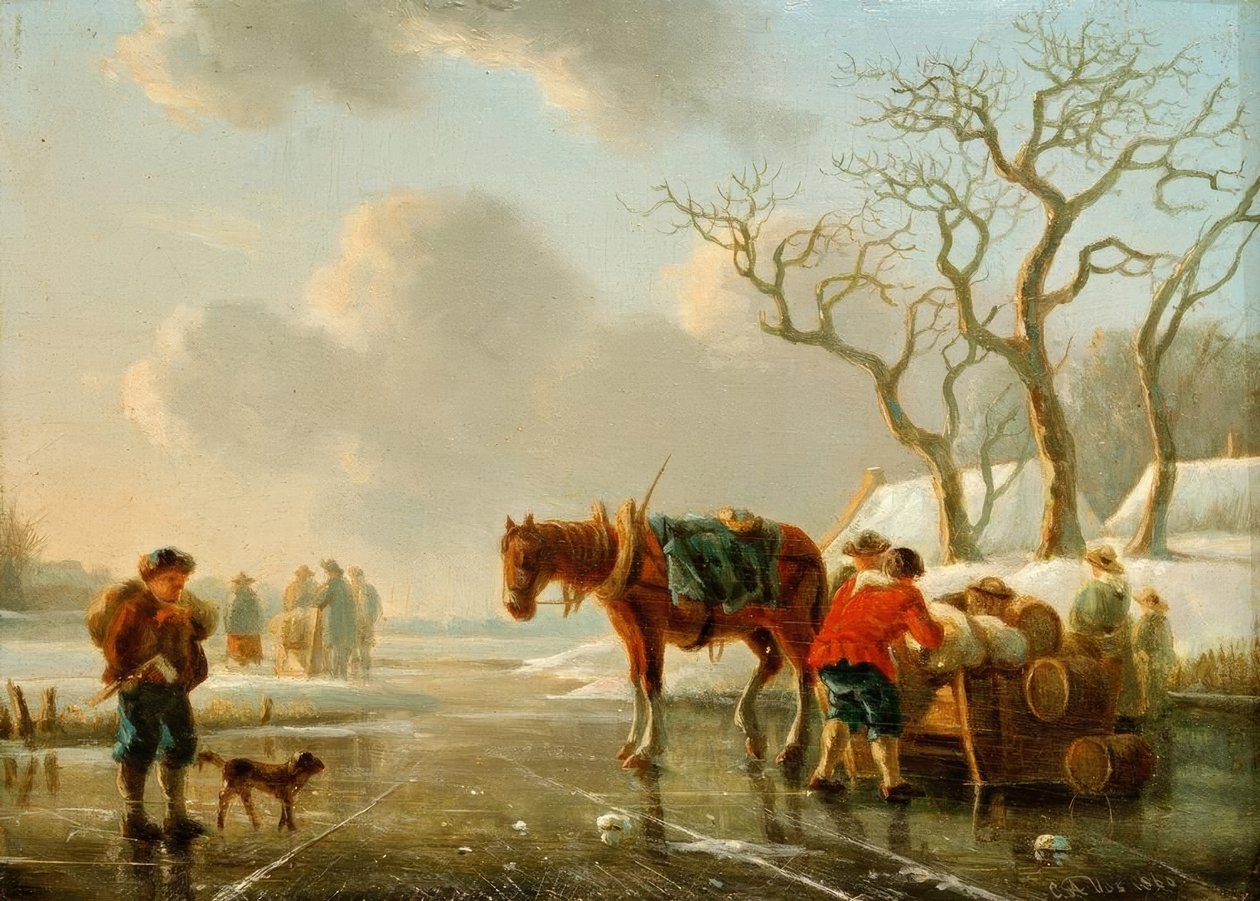 Winterabend am vereisten Fluss von Christoffel Albertus Vos