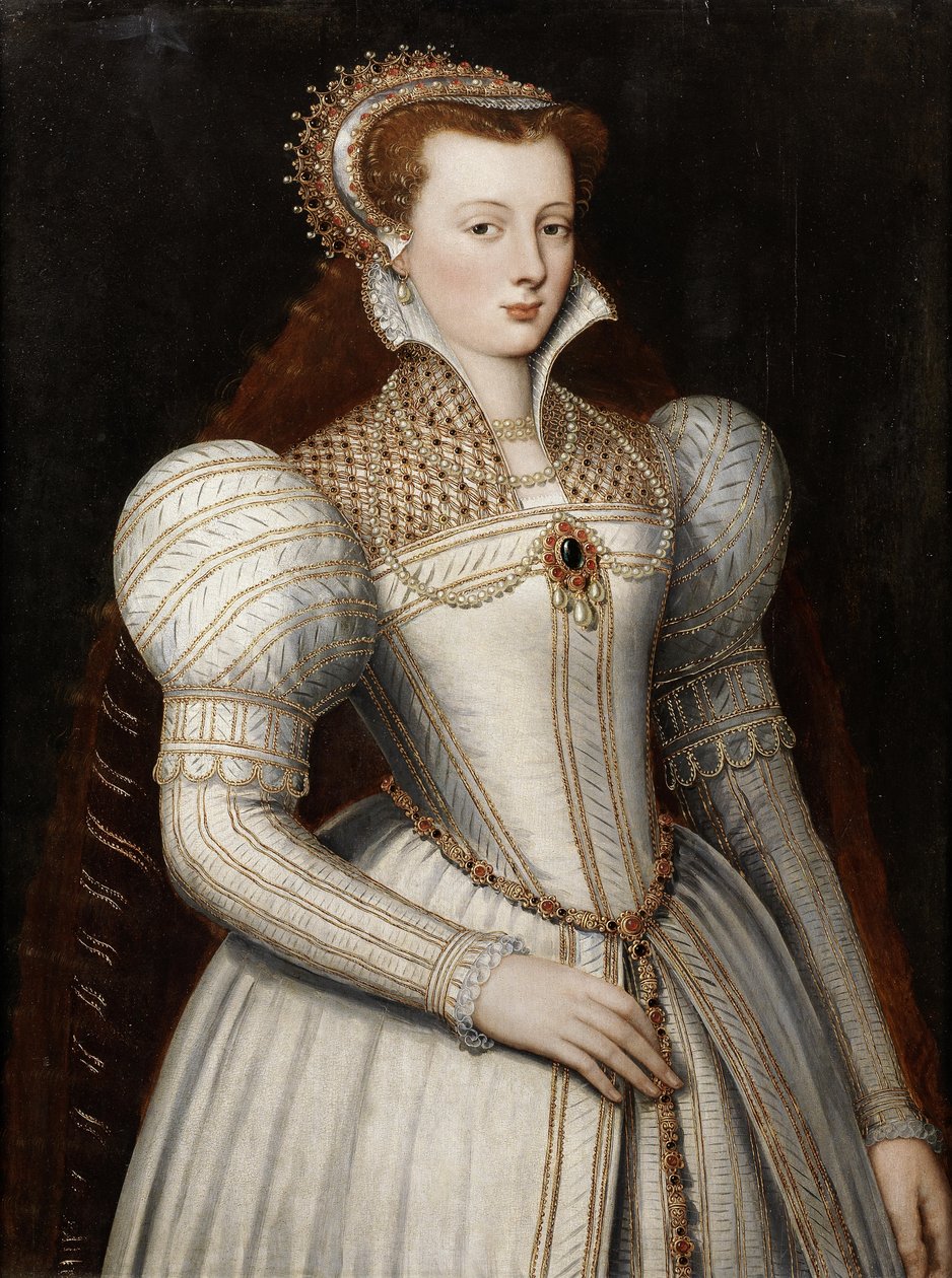 Porträt einer Dame, Halbfigur, in weißem, geschmücktem Kleid und Kopfschmuck von Circle of Frans Pourbus the Younger