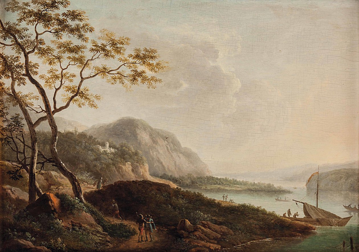 Südliche Seenlandschaft mit Figurenstaffage von Circle of Jacob Philipp Hackert