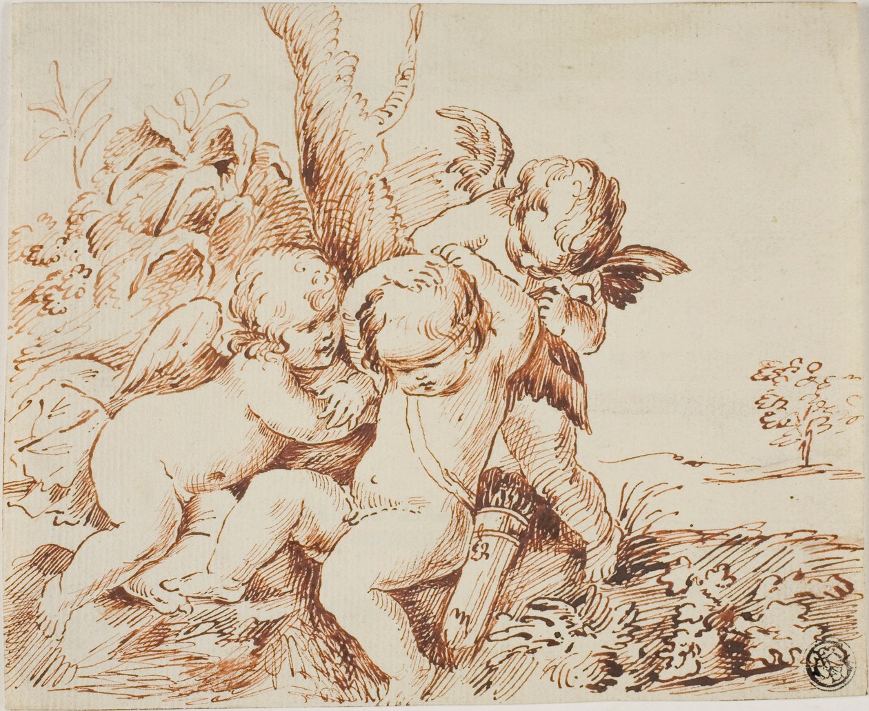 Zwei Putti verbinden einem Dritten die Augen von Circle of Guido Reni